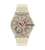 Beige Armbanduhr mit Edelstahlband, rundem Zifferblatt und roten Indexen