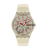 Beige Armbanduhr Frontansicht, silbernes Edelstahlband und rotes Zifferblattraster