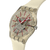 Beige Armbanduhr schräg, Zifferblatt mit roten Zeigern und Mechanik-Optik
