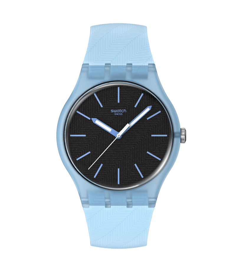 Hellblaue Swatch Armbanduhr mit schwarzem Zifferblatt und silbernen Zeigern.