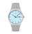 Herrenarmbanduhr mit blauem Zifferblatt, rundem silbernem Gehäuse und grauem Silikonband