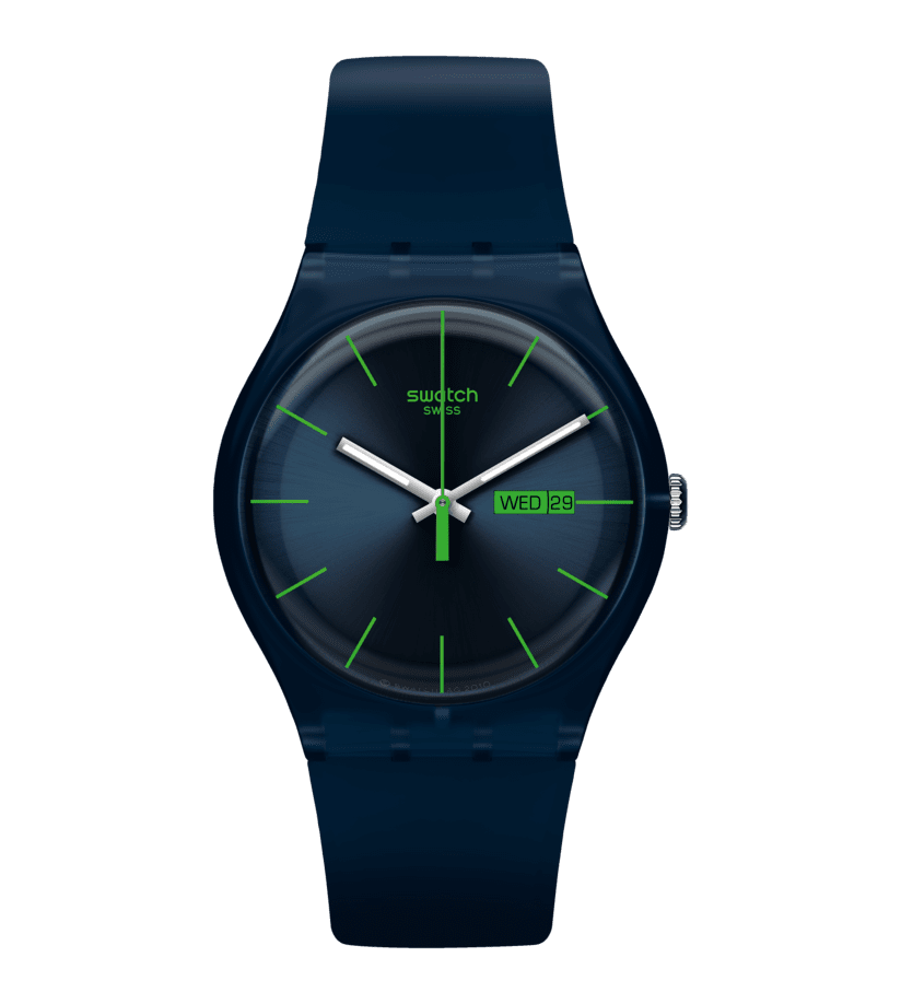 Swatch Originals Large Herrenuhr mit blauem Armband, dunklem Zifferblatt, Datum (WED 29)