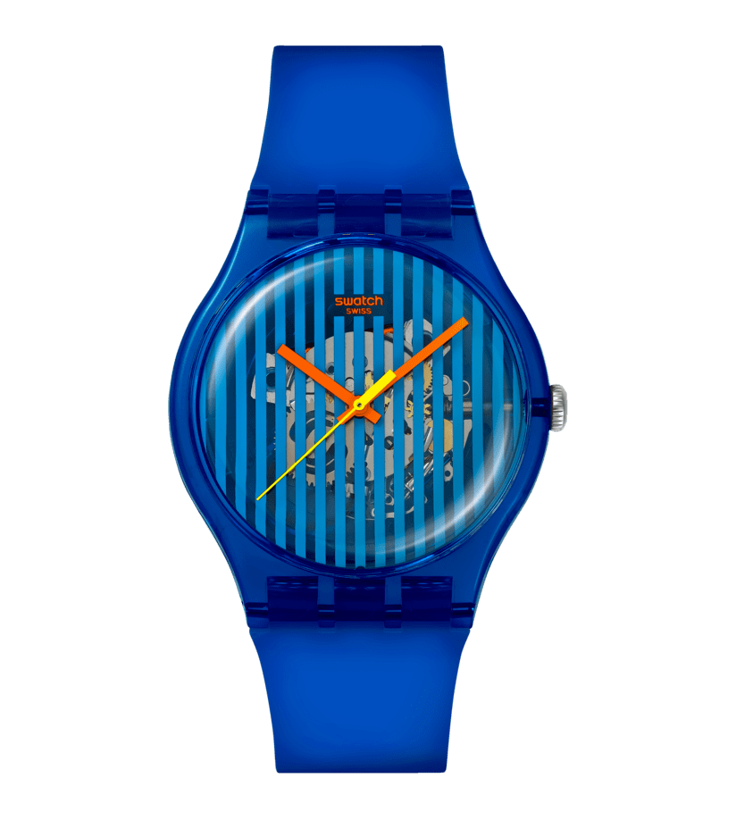 Swatch Armbanduhr in Blau mit gestreiftem Zifferblatt und orangefarbenen Zeigern
