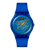 Swatch Armbanduhr in Blau mit gestreiftem Zifferblatt und orangefarbenen Zeigern