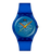 Swatch Armbanduhr Blau mit gestreiftem Zifferblatt und orangefarbenen Zeigern, Rundgehäuse