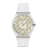 Swatch Armbanduhr transparent, Frontansicht mit rundem Zifferblatt und Keith Haring Motiv