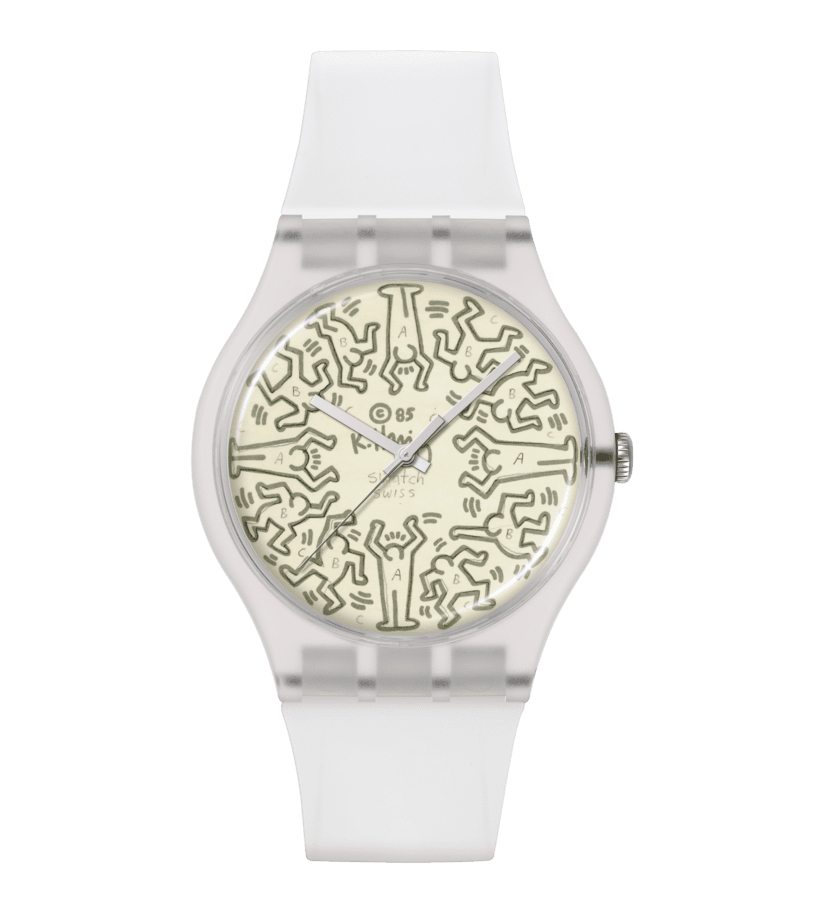 Swatch Armbanduhr mit weißem Silikonarmband, beigem Zifferblatt mit Muster
