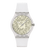 Swatch Armbanduhr mit weißem Silikonarmband, beigem Zifferblatt mit Muster