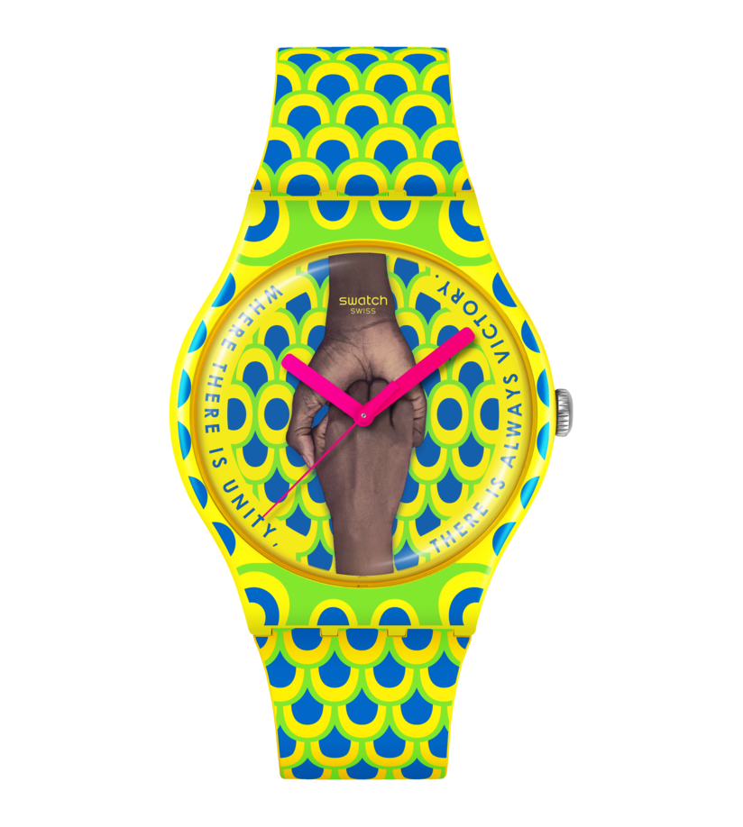Swatch Armbanduhr mit gelbem Musterband und pinken Zeigern, Rundzifferblatt