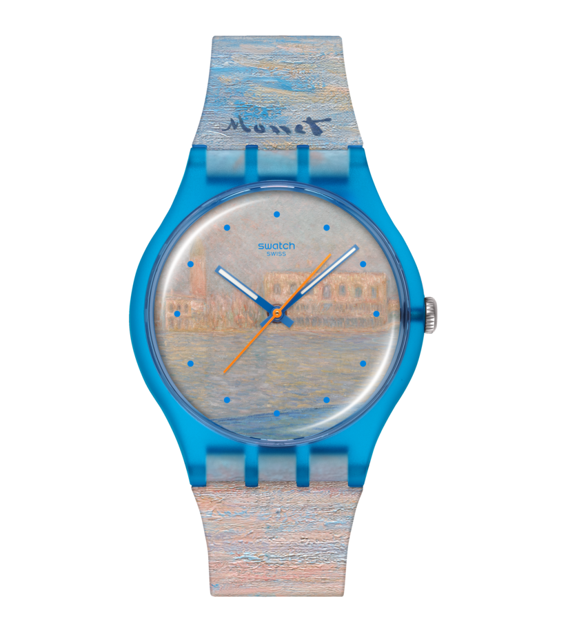 Damenarmbanduhr Swatch mit hellblauem Silikonarmband und rundem Zifferblatt mit Kunstmotiv