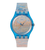 Damenarmbanduhr Swatch mit hellblauem Silikonarmband und rundem Zifferblatt mit Kunstmotiv