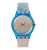 Damenarmbanduhr Swatch mit hellblauem Armband, rundem Zifferblatt mit Kunstmotiv und Indexen
