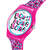 Rosa Swatch-Uhr mit rundem Glas, buntem Zifferblatt und seitlicher Krone