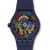 Herrenarmbanduhr mit blauem Gehäuse, sichtbares Uhrwerk mit buntem Ring auf dem Zifferblatt