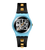 Damenuhr mit blauem Zifferblatt, schwarzem Armband und goldenen Studs