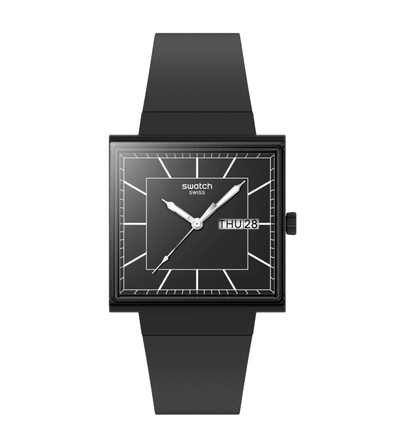 Herrenarmbanduhr Swatch mit schwarzem Biokeramikarmband und quadratischem Zifferblatt