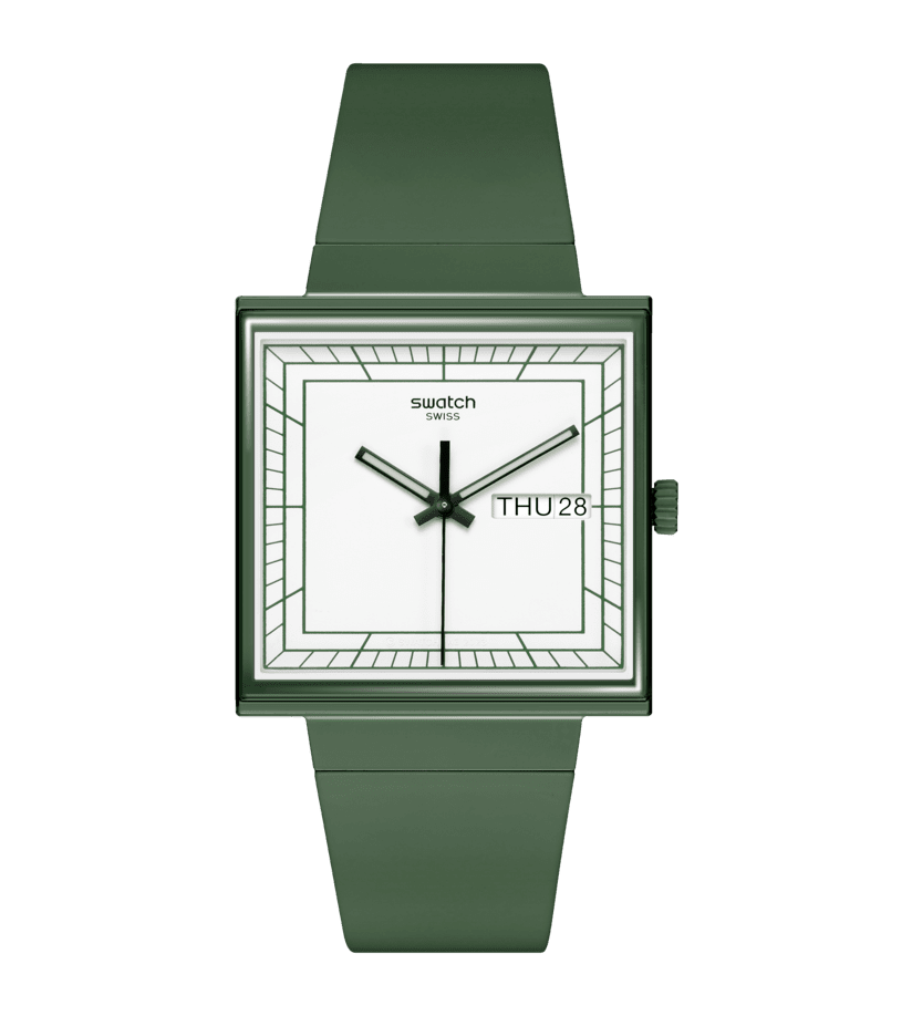Grüne Swatch Armbanduhr mit eckigem Quadratgehäuse, weißem Zifferblatt und schwarzen Zeigern