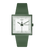 Grüne Swatch Armbanduhr mit eckigem Quadratgehäuse, weißem Zifferblatt und schwarzen Zeigern