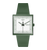 Grüne Armbanduhr mit quadratischem Gehäuse, weißem Zifferblatt, schwarzen Zeigern und Krone