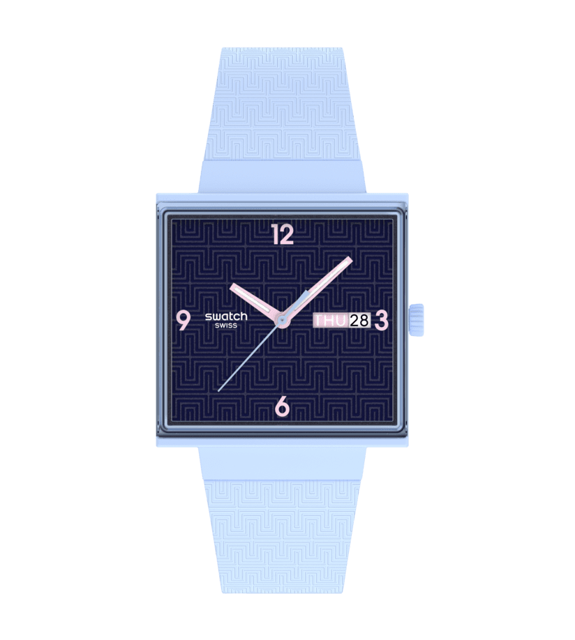 Swatch Damenuhr mit rechteckigem, blauem Gehäuse und hellblauem Textilband