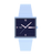 Swatch Damenuhr mit rechteckigem Gehäuse, hellblauem Textilband und dunkelblauem Zifferblatt