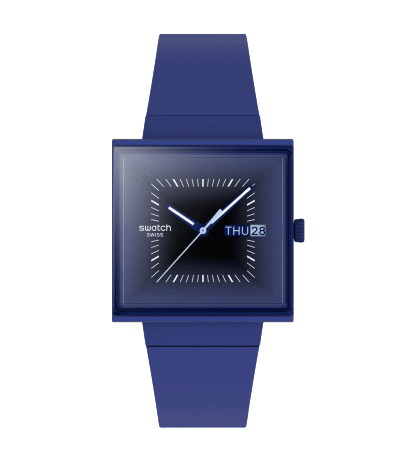 Swatch Square-Armbanduhr mit blauem Zifferblatt, rechteckigem Gehäuse und Quarzwerk