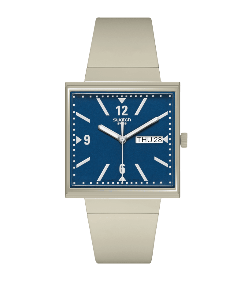 Swatch Armbanduhr mit quadratischem, beigem Gehäuse und blauem Zifferblatt