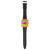 Swatch Armbanduhr mit orangefarbenem Gehäuse und schwarzem Band, frontal