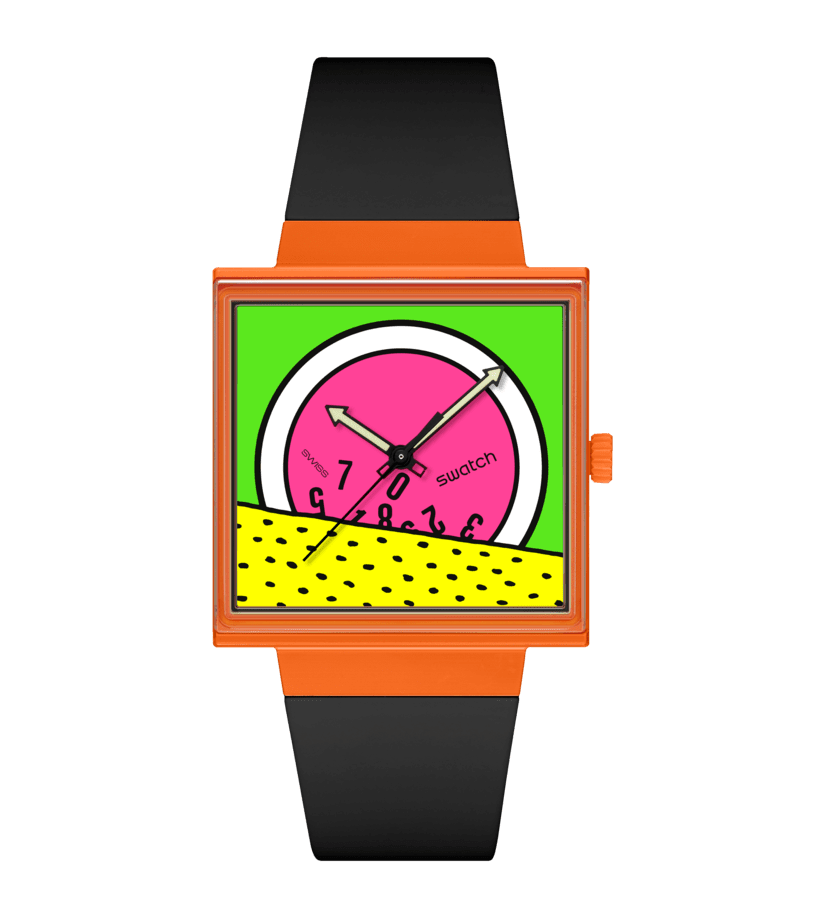 Swatch Armbanduhr mit orangefarbenem Gehäuse, schwarzem Band und pinkem Zifferblatt