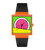 Swatch Armbanduhr mit orangefarbenem Gehäuse, schwarzem Band und pinkem Zifferblatt