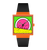 Swatch Armbanduhr mit orangefarbenem Gehäuse, schwarzem Band und quadratischem Zifferblatt