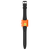 Swatch Armbanduhr Rückseite: orangefarbenes Detail am schwarzen Band