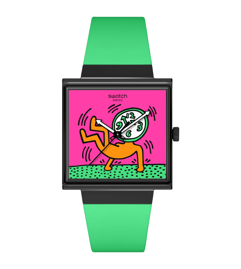 Swatch Armbanduhr mit schwarzem eckigem Gehäuse, pinkem Zifferblatt und grünem Armband