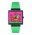 Swatch Armbanduhr mit schwarzem eckigem Gehäuse, pinkem Zifferblatt und grünem Armband