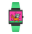 Armbanduhr mit schwarzem Gehäuse und grünem Silikonarmband, pinkem Zifferblatt