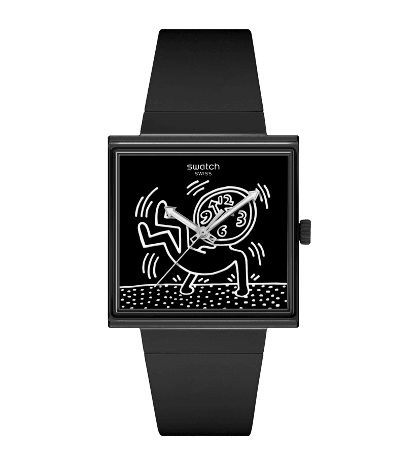Schwarze Swatch Armbanduhr mit eckigem Gehäuse und schwarzem Armband