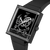 Schwarze Armbanduhr mit rechteckigem Gehäuse und grafischem Zifferblatt