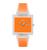 Neonorange Armbanduhr mit transparentem quadratischem Gehäuse, orangenem Zifferblatt und blauen Zeigern
