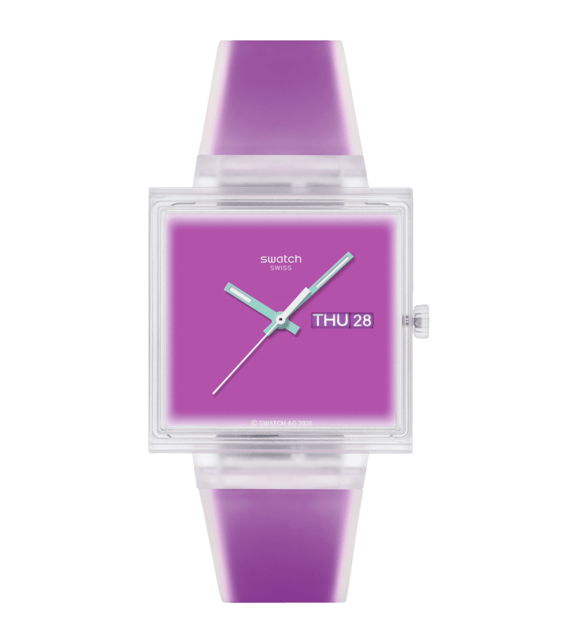 Swatch Armbanduhr mit quadratischem, transparentem Gehäuse und violettem Zifferblatt