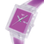 Swatch Armbanduhr, schräg: quadratisches transparentes Gehäuse, violettes Zifferblatt, grüne Zeiger