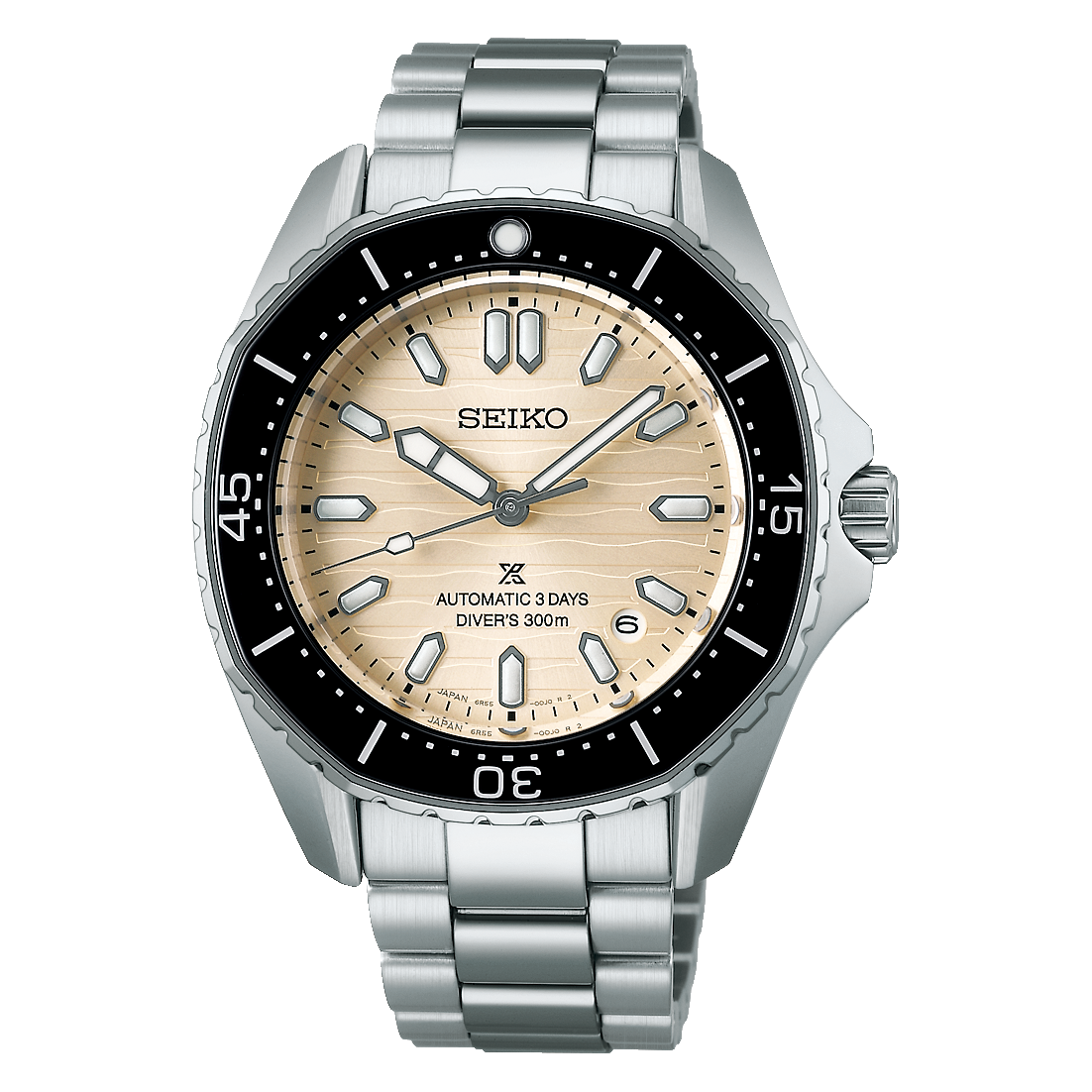 Seiko Herrenarmbanduhr mit beigem Zifferblatt, schwarzer Tauchlünette und Edelstahlarmband