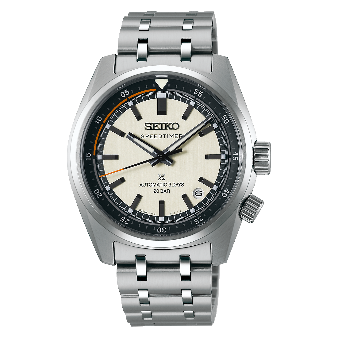 Seiko Prospex Speedtimer Herrenuhr mit silbernem Edelstahlarmband und hellem Zifferblatt