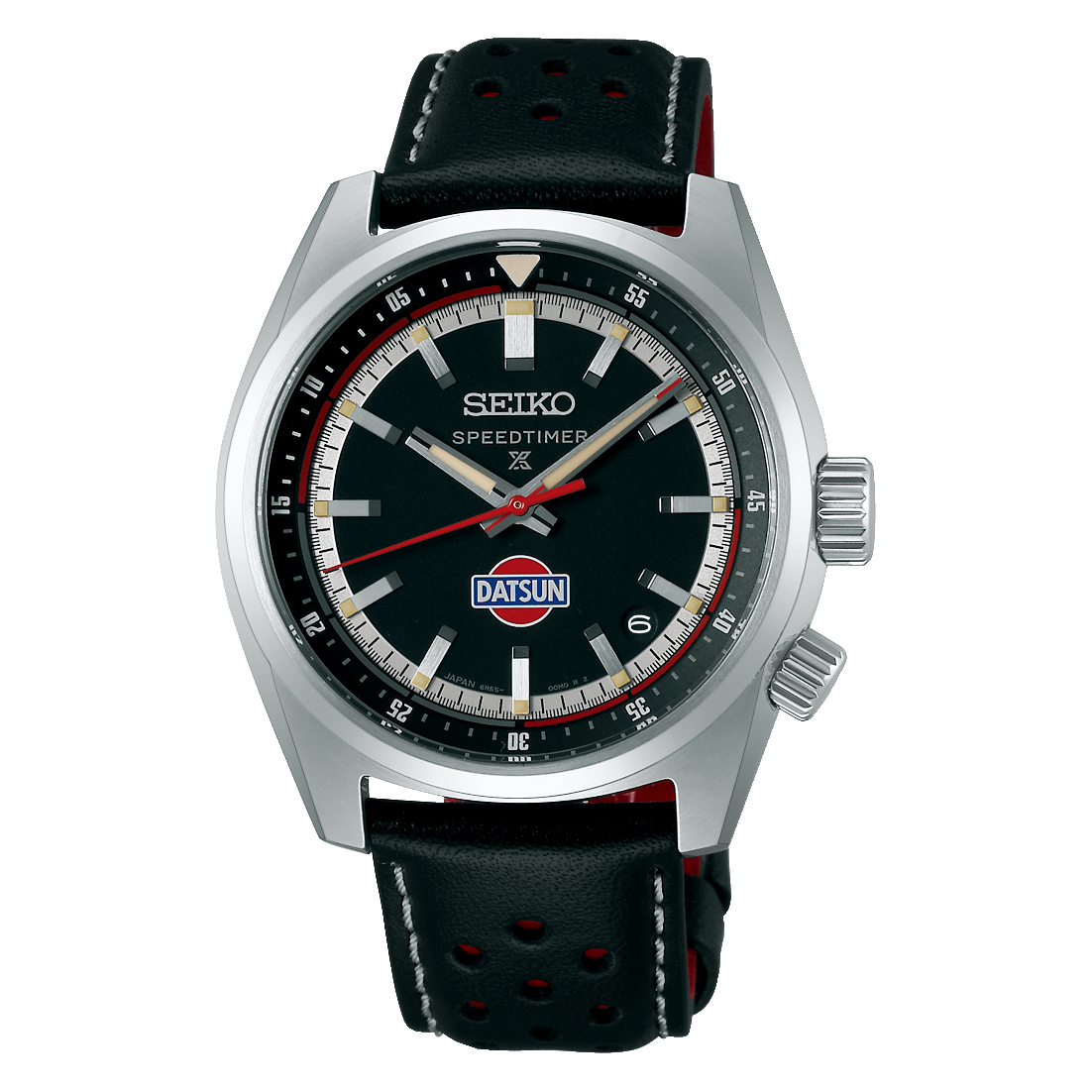 Montre Seiko Prospex pour homme avec cadran noir, aiguille rouge accentuée et bracelet en cuir.
