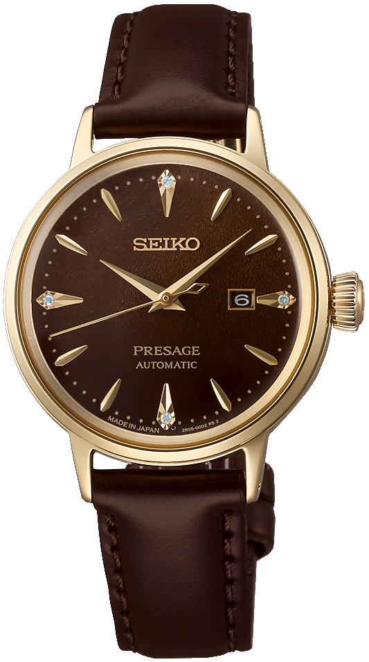 Montre pour femme avec bracelet en cuir marron, boîtier doré et cadran sombre