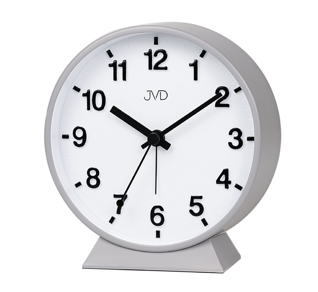 Réveil JVD avec cadran rond blanc et mouvement analogique à aiguilles noires