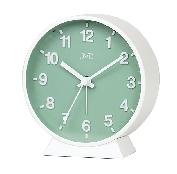 Réveil JVD avec cadran vert, chiffres blancs et boîtier blanc