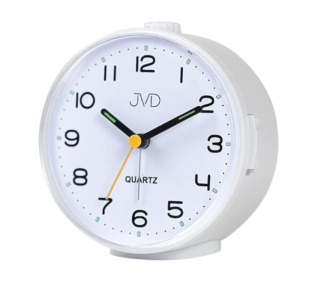 Réveil analogique rond, boîtier blanc, index verts, affichage quartz