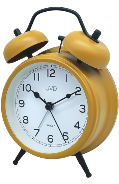 Réveil analogique JVD SRP2219.2 avec boîtier jaune, aiguilles noires et deux cloches