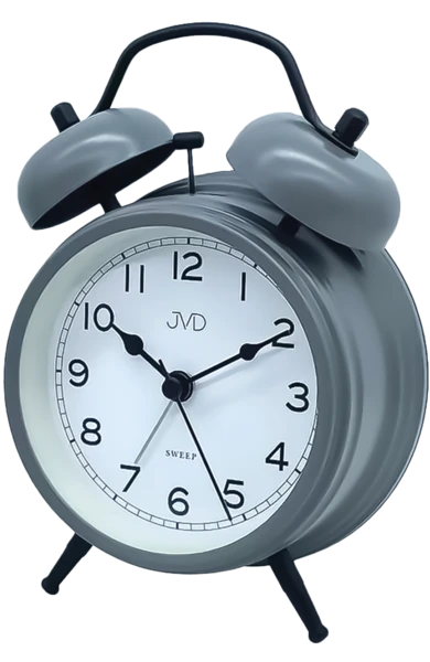 Réveil mécanique JVD avec boîtier gris, chiffres analogiques et deux cloches