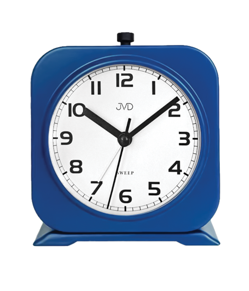 Réveil JVD avec boîtier en métal bleu, grand cadran et pieds